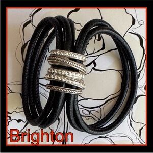 BRIGHTON BRACELET NEPTUNE’S RINGS SILVER / BLACK LEATHER CRYSTAL MAGNETIC WRAP